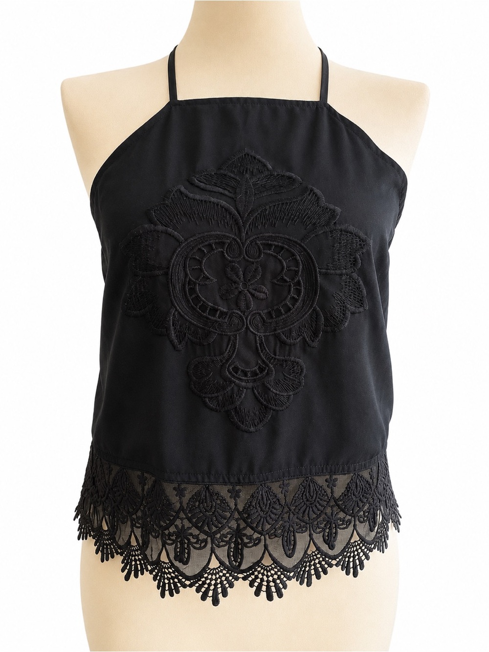 Black Lace Hem Halter Top Boho Crochet Trim Tank Medium NWOT